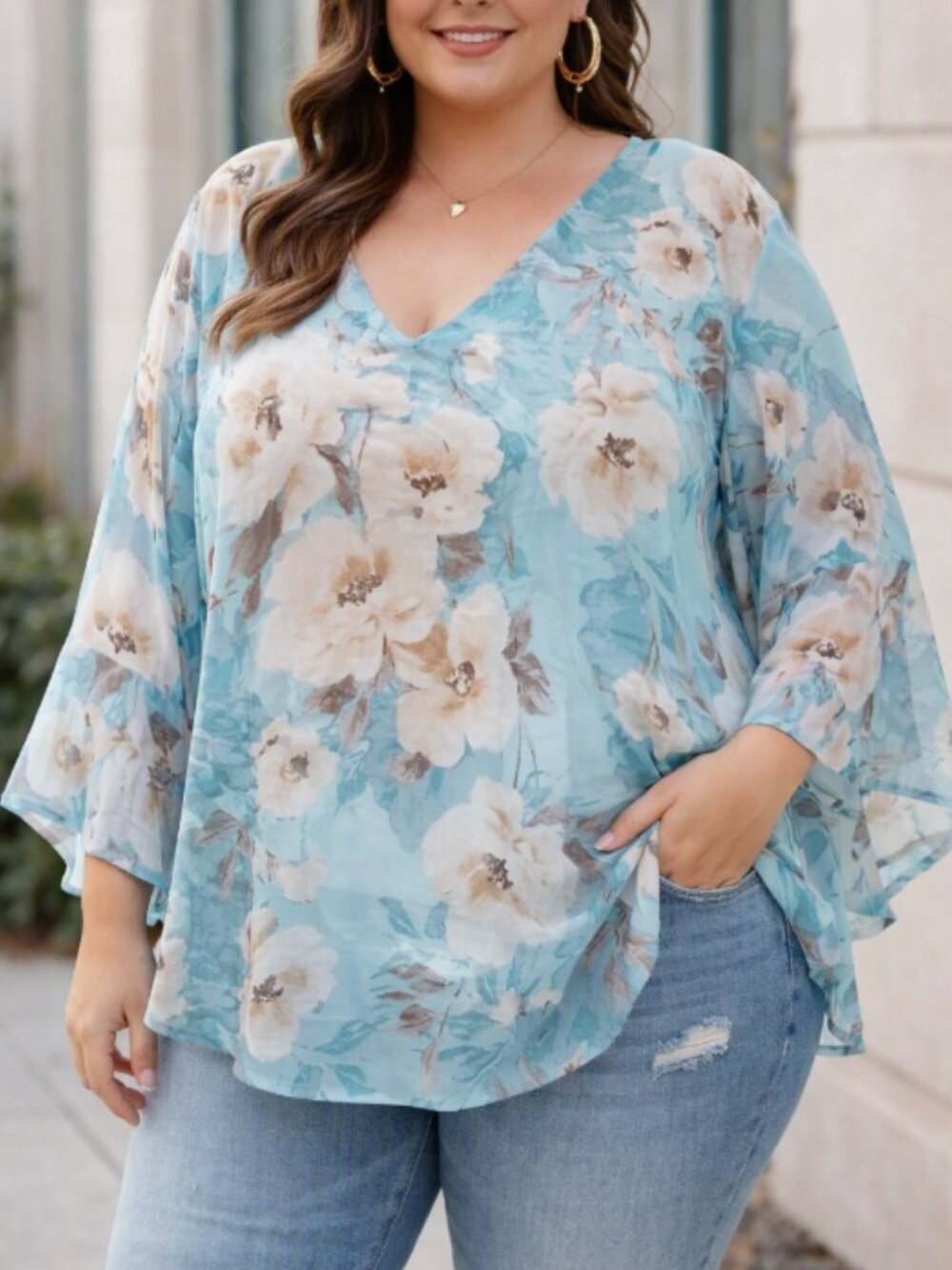 Sara Michelle Blue Floral Crinkle Chiffon Bell Sleeve BlousePlus 3X Boho Chic